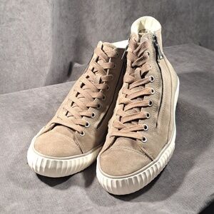 John Varvatos Bootleg Tan Suede Double Zipper + Lace Up Hightop Sneakers G- US 9
